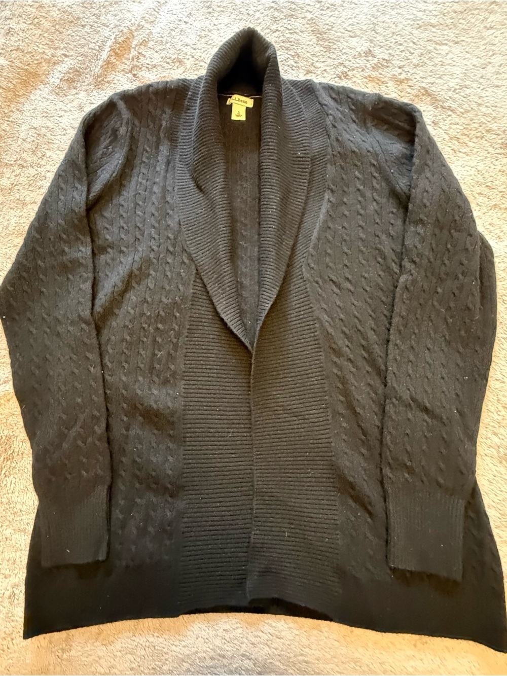 L.L.Bean Women S Black 100% Cashmere Cable Knit Shawl Collar Open Front Cardigan